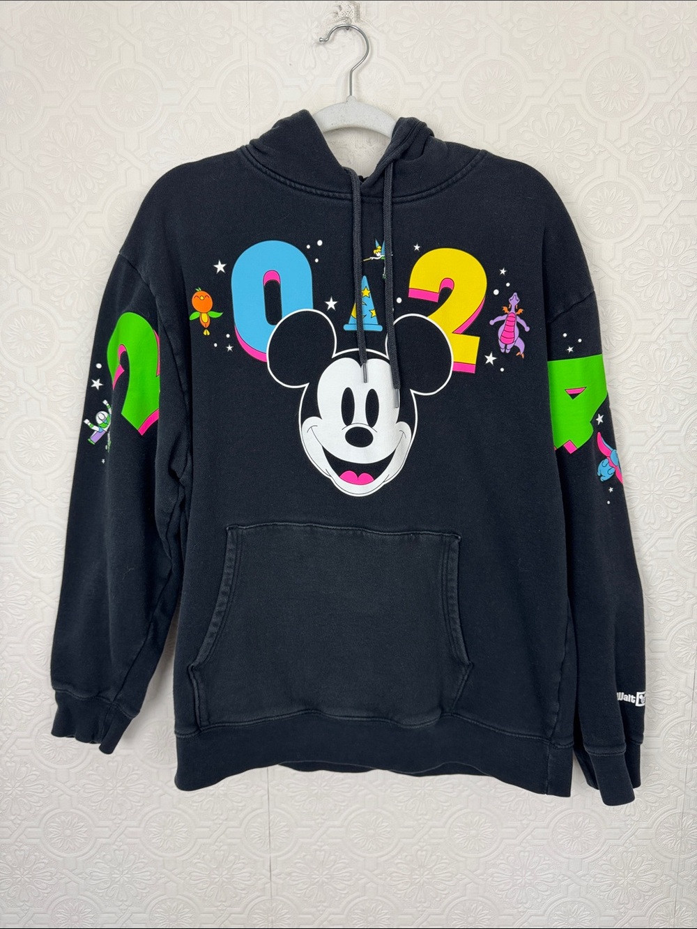 Disney World 2024 Mickey Mouse Hoodie Black Neon Graphic Sweatshirt Size Large‎